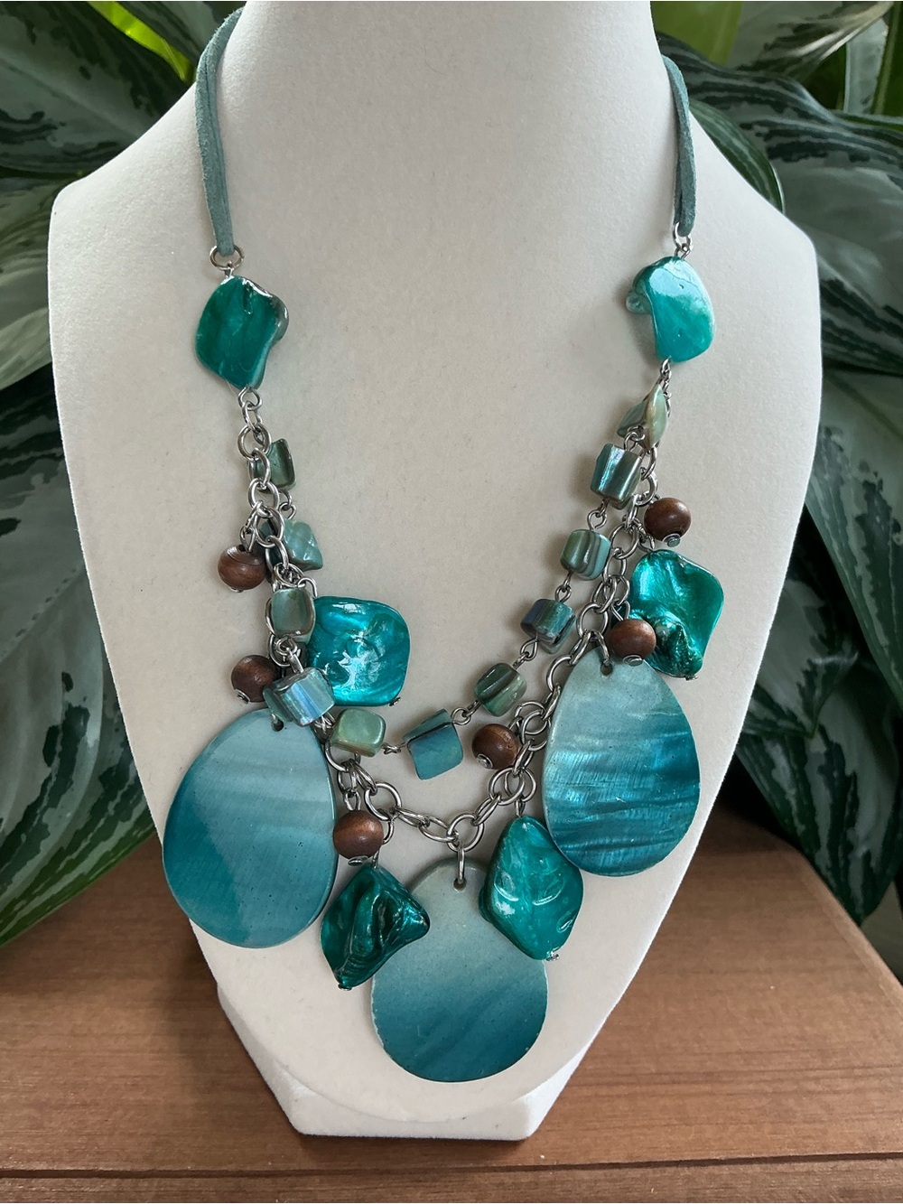 Teal Shell And Bead Statement Multi-Drop Necklace - Women Jewelry